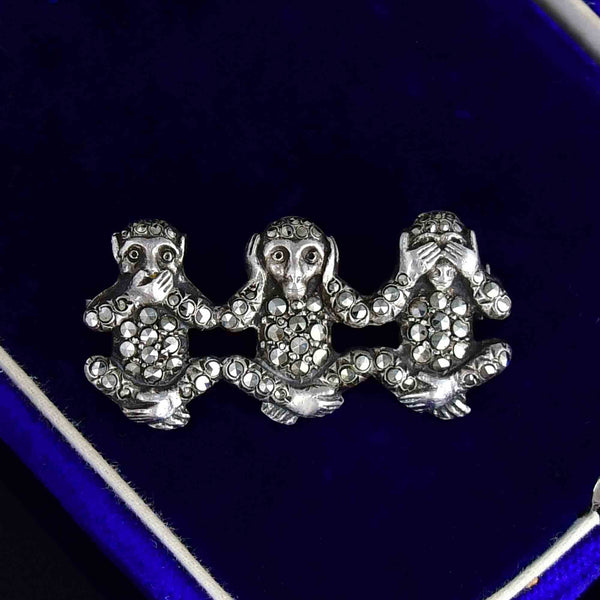Sterling Silver Marcasite See, Hear, Speak No Evil Monkey Brooch - Boylerpf
