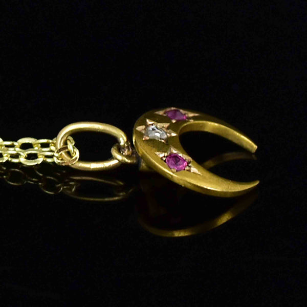 Antique 14K Gold Ruby Diamond Crescent Moon Pendant Necklace - Boylerpf