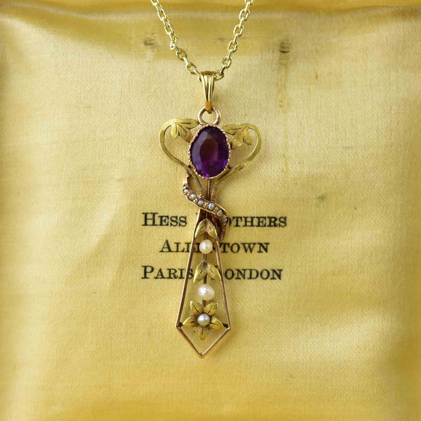 Antique Art Nouveau Gold Amethyst Pearl Cross Lavaliere Necklace - Boylerpf