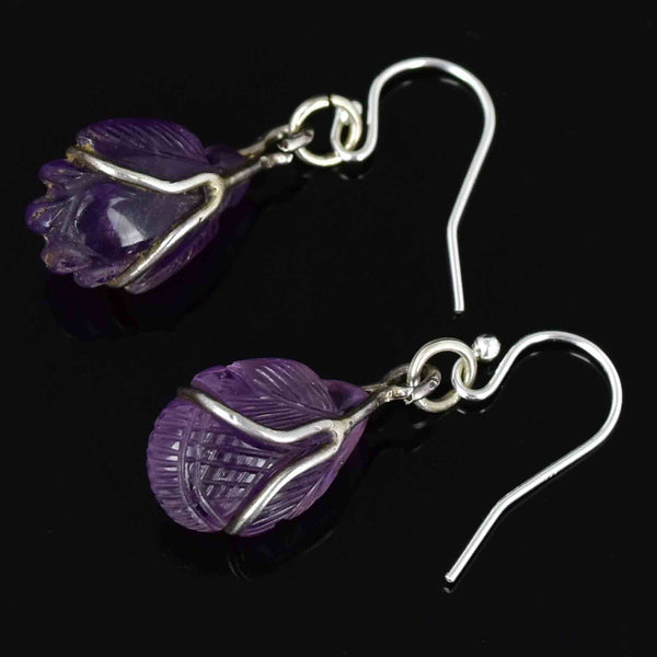 Silver Carved Amethyst Cabochon Bug Leaf Drop Earrings - Boylerpf