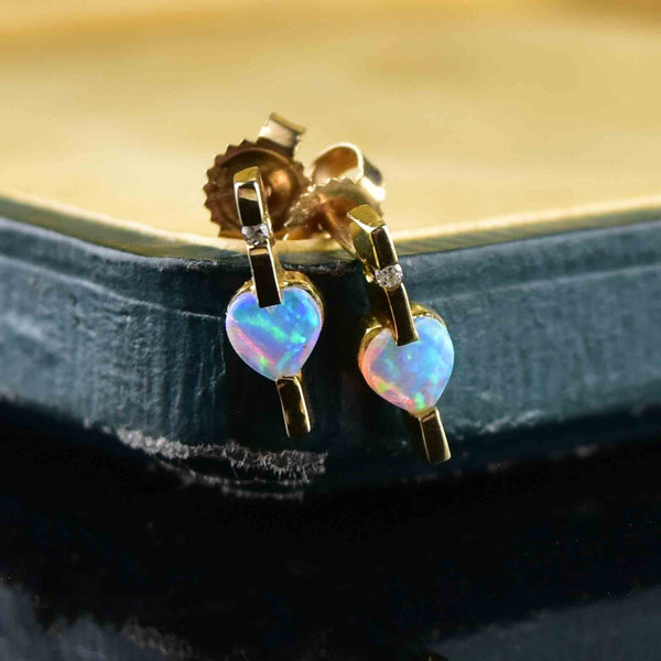 Vintage 14K Gold Var Diamond Opal Heart Earrings - Boylerpf