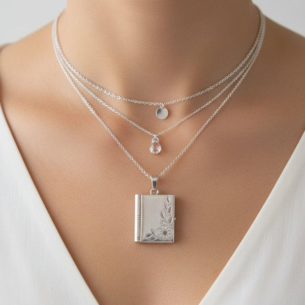 Vintage Forget Me Not Sterling Silver Book Locket Necklace