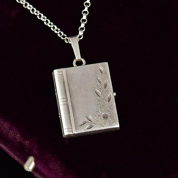 Vintage Forget Me Not Sterling Silver Book Locket Necklace