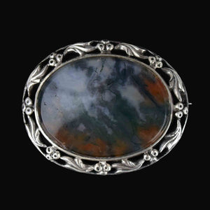 Silver Arts and Crafts Grape Leaf Scottish Moss Agate Brooch - Boylerpf