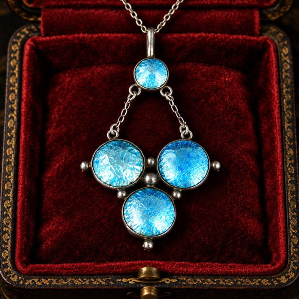 Antique Art Nouveau Sterling Silver Blue Enamel Necklace