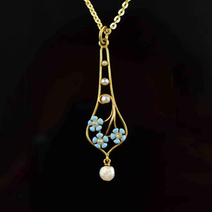 Krementz Art Nouveau 14K Gold Pearl Enamel Forget Me Not Necklace - Boylerpf