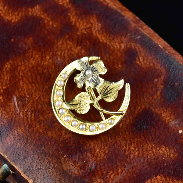 Antique 10K Gold Pearl Crescent Moon Flower Brooch - Boylerpf
