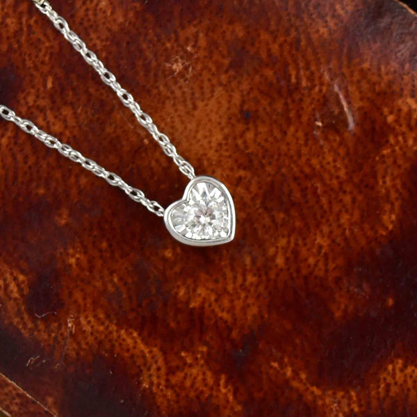 Vintage 10K White Gold Diamond Heart Slider Pendant Necklace - Boylerpf