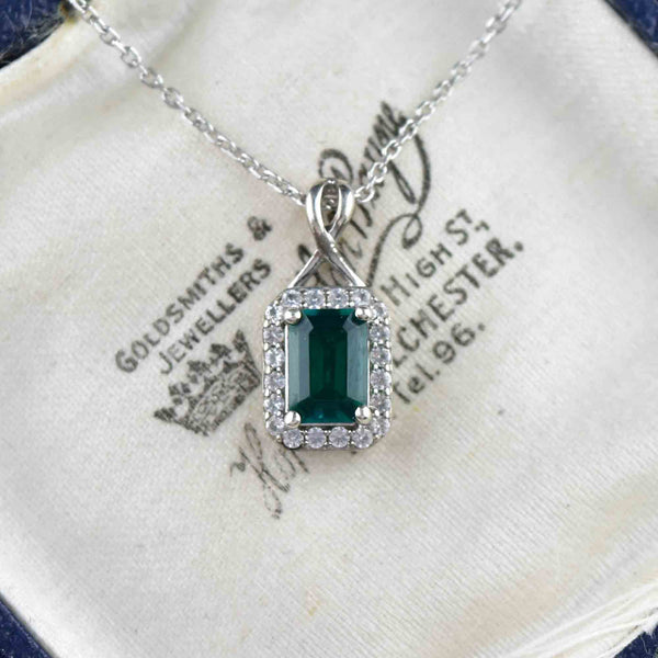 Vintage Sterling Silver Emerald Diamond Halo Pendant Necklace - Boylerpf