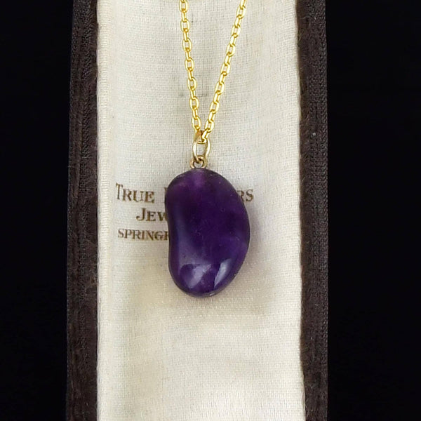 Vintage Amethyst 9K Gold Lucky Bean Pendant Necklace
