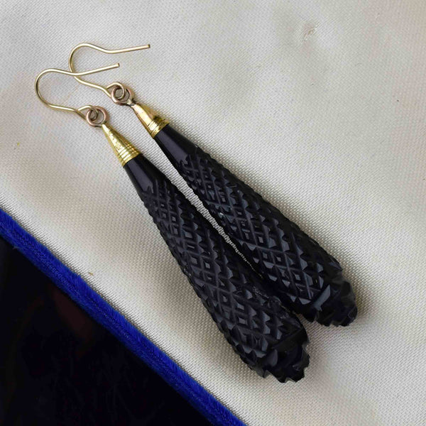 Antique Victorian Gold Carved Whitby Jet Earrings - Boylerpf