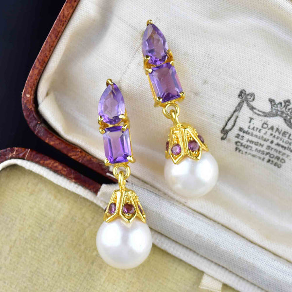 Vintage Amethyst Pearl Stud Drop Earrings - Boylerpf