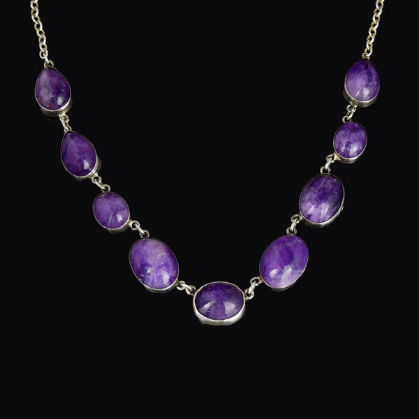 Vintage Sterling Silver Amethyst Cabochon Necklace - Boylerpf