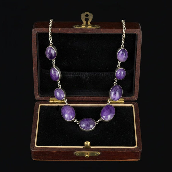 Vintage Sterling Silver Amethyst Cabochon Necklace - Boylerpf