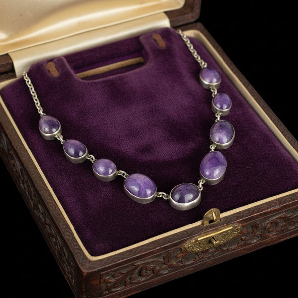 Vintage Sterling Silver Amethyst Cabochon Necklace - Boylerpf