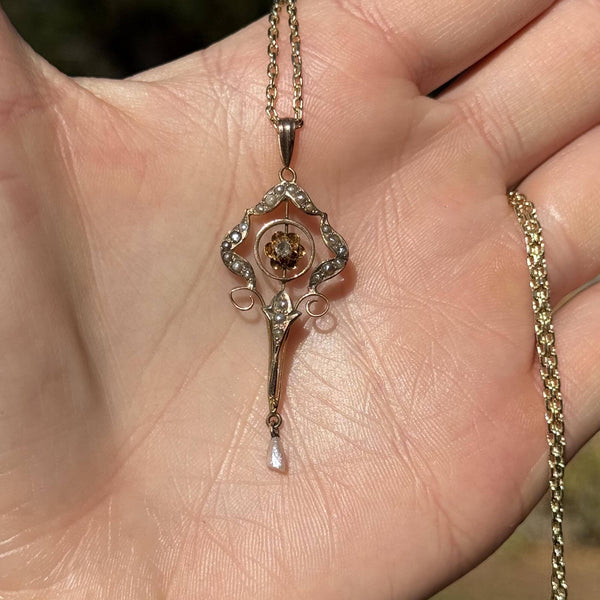 Antique 10K Gold Diamond Seed Pearl Lavalier Necklace