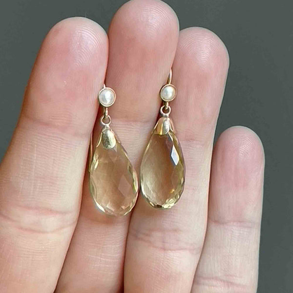 Art Deco Style Gold Pearl Lemon Citrine Drop Earrings - Boylerpf