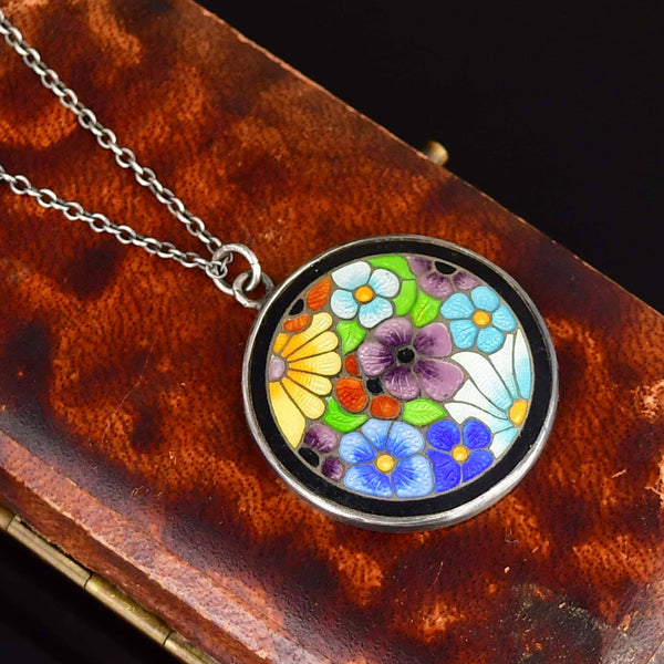 Vintage Arts & Crafts Silver Enamel Flower Necklace