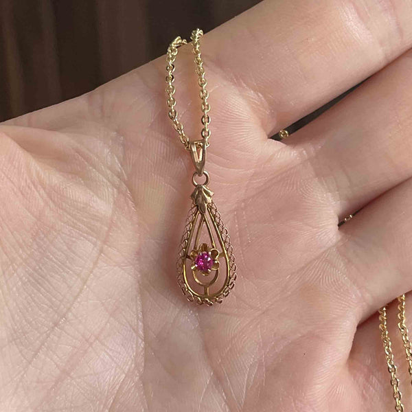 Antique 10K Gold Ruby Lavalier Pendant Necklace - Boylerpf