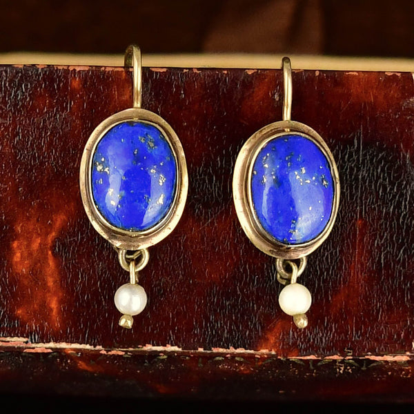 Vintage 9K Gold Lapis Lazuli Pearl Drop Earrings