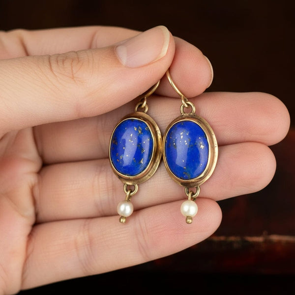 Vintage 9K Gold Lapis Lazuli Pearl Drop Earrings