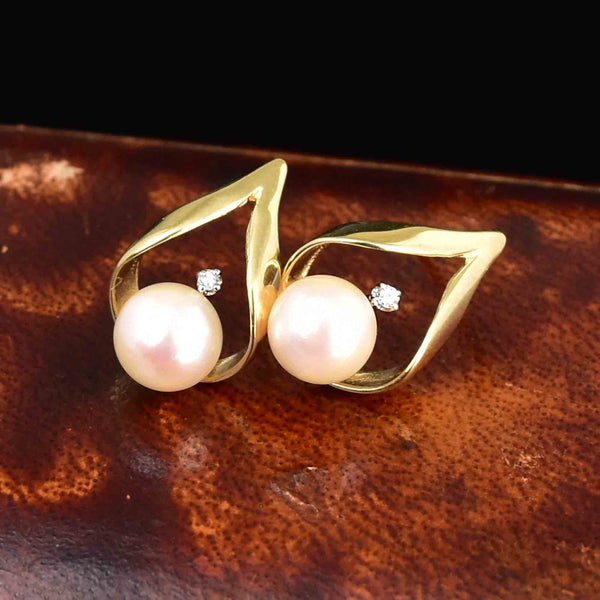 Vintage Diamond Pearl Stud Earrings in 14K Gold - Boylerpf