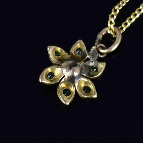 Antique 14K Gold Diamond Emerald Flower Charm Pendant Necklace - Boylerpf