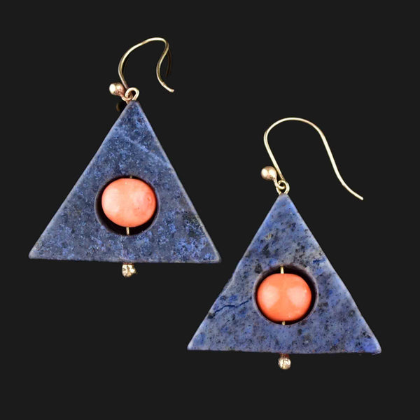 Vintage Geometric Coral Blue Agate Drop Earrings - Boylerpf