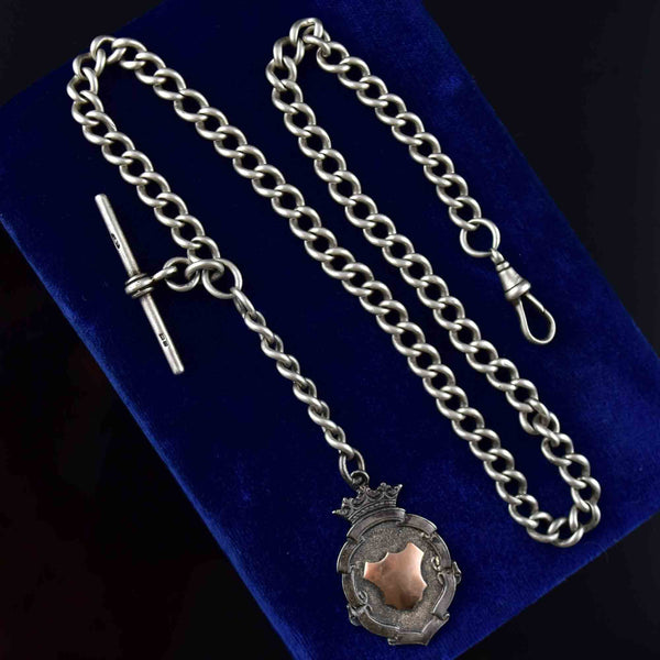 Edwardian Silver Rose Gold Shield Medallion Watch Chain Necklace - Boylerpf