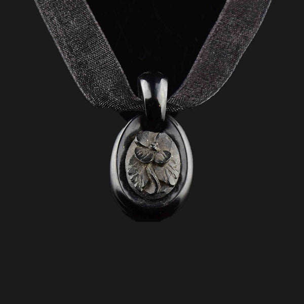 Antique Victorian Carved Whitby Jet Forget Me Not Pendant Necklace - Boylerpf