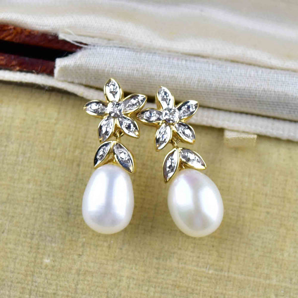 Vintage 14K Gold Flower Diamond Pearl Stud Drop Earrings - Boylerpf