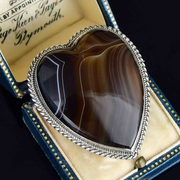 Antique Victorian Silver Scottish Banded Agate Heart Brooch - Boylerpf
