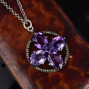 Vintage Silver Amethyst Marcasite Flower Pendant Necklace - Boylerpf