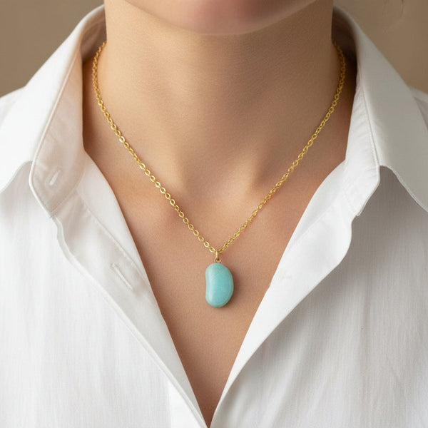 Vintage 9K Gold Amazonite Lucky Bean Charm Necklace - Boylerpf