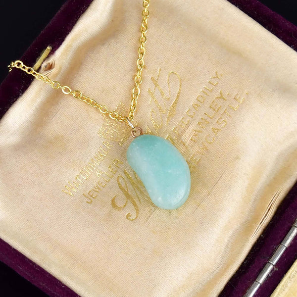 Vintage 9K Gold Amazonite Lucky Bean Charm Necklace - Boylerpf