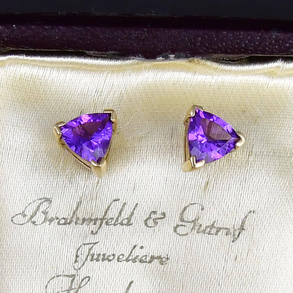 Vintage Trillion Cut Amethyst Gold Stud Earrings