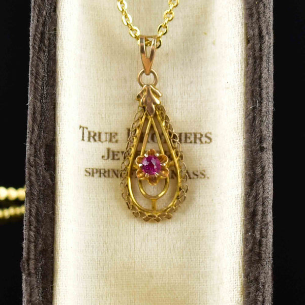 Antique 10K Gold Ruby Lavalier Pendant Necklace - Boylerpf