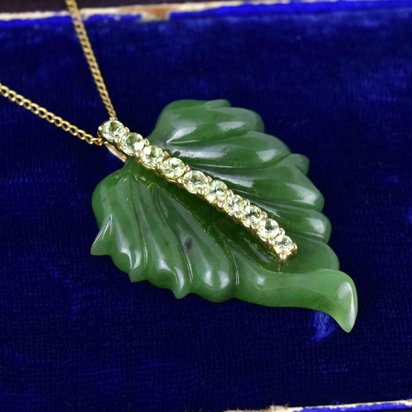 Vintage 9K Gold Carved Jade Leaf Peridot Pendant Necklace - Boylerpf