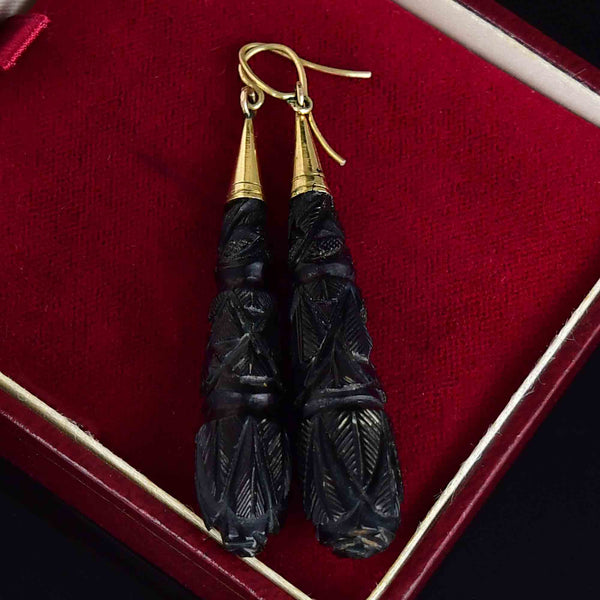 Antique Victorian Gold Carved Whitby Jet Earrings - Boylerpf