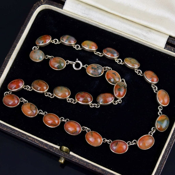 Antique Scottish Moss Agate Sterling Silver Necklace