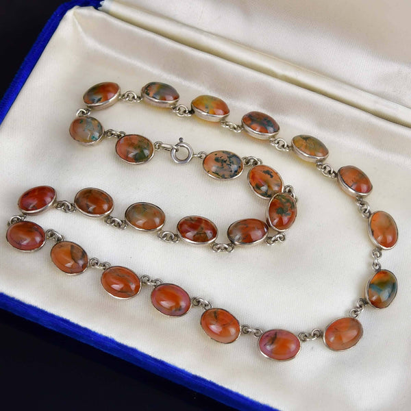Antique Scottish Moss Agate Sterling Silver Necklace