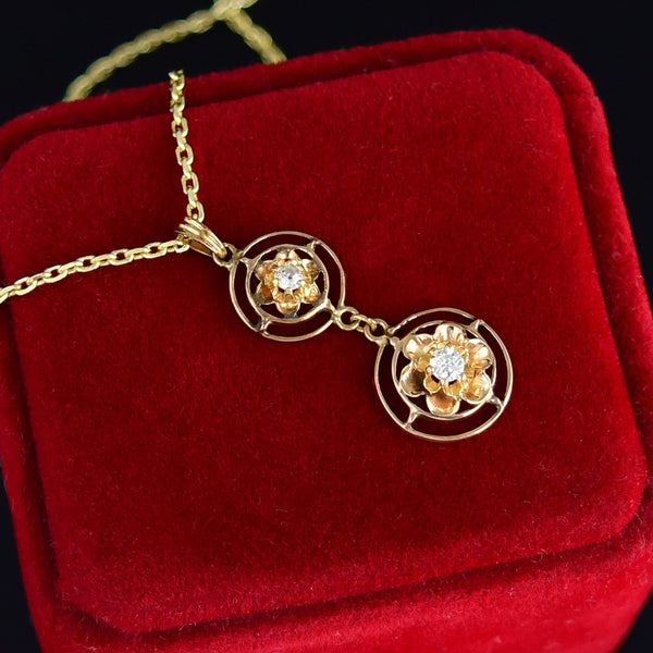 Antique 10K Gold Victorian Diamond Buttercup Lavalier Pendant