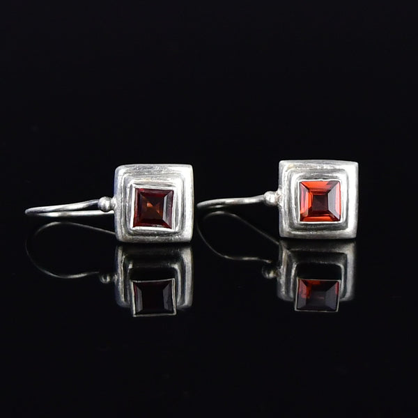Vintage Sterling Silver Garnet Square Drop Earrings - Boylerpf