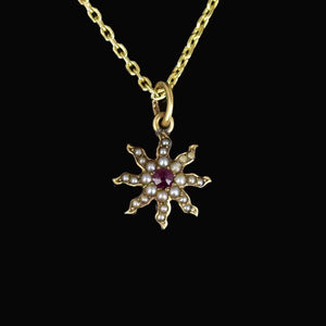 Antique 14K Gold Pearl Ruby Star Charm Pendant Necklace - Boylerpf