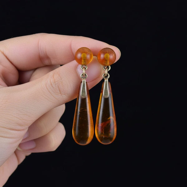 Antique Art Deco 9K Gold Baltic Amber Dangle Earrings - Boylerpf