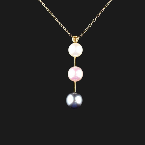 Vintage 10K Gold White Pink Black Pearl Bar Pendant Necklace - Boylerpf