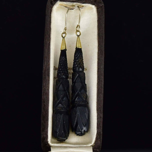 Victorian 9K Gold Carved Whitby Jet Earrings