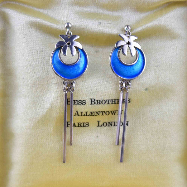 Vintage Blue Guilloche Enamel Silver Palm Chandelier Earrings - Boylerpf