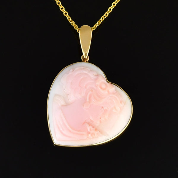 14K Gold Pink Shell Cameo Heart Enhancer Pendant Necklace
