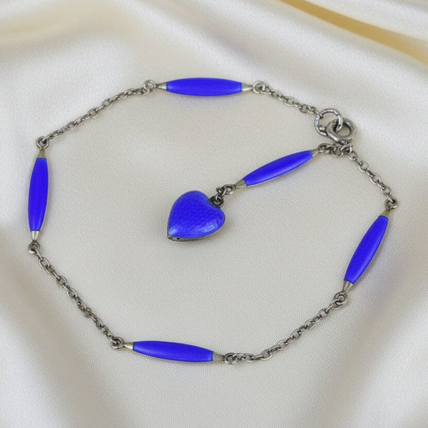 Art Deco Sterling Silver Cobalt Blue Enamel Heart Bracelet
